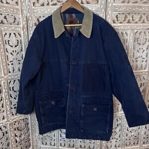 Vintage Denim Chore Coat Barn Field Men's Large Corduroy Collar Flannel Lined